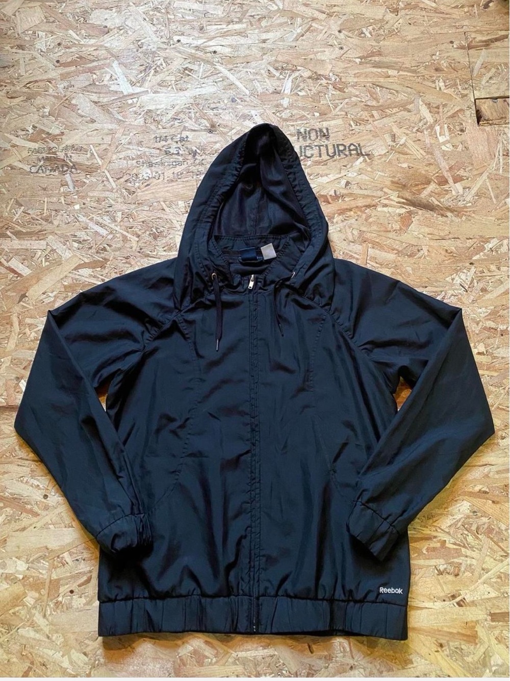 Reebok Black Hooded Windbreaker Jacket with Elastic Hem